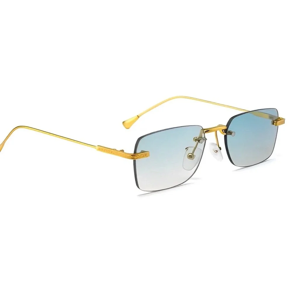 Mens Rimless Rectangular Sunglasses Gold Frame Green Gradient Lens Retro Y2K New